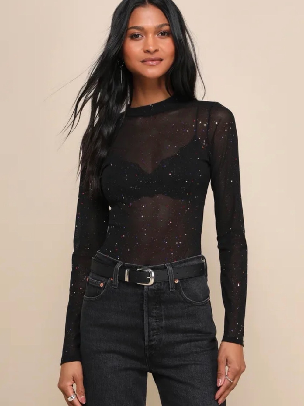 Lulu's Black Sparkle Sheer Long Sleeve Bodysuit